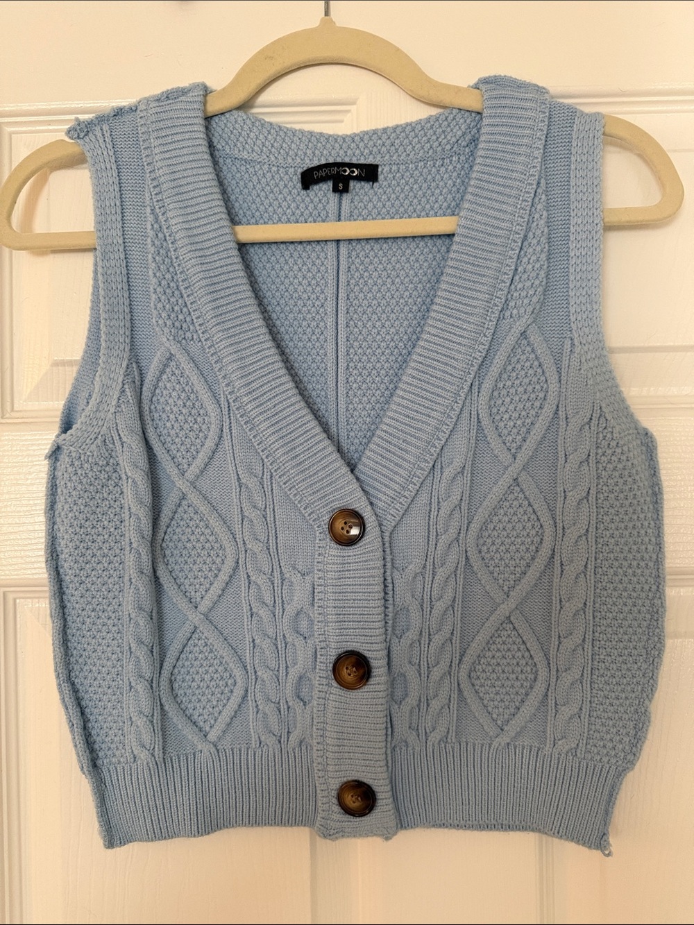 Papermoon Light Blue Cable Knit Button Front Sweater Vest